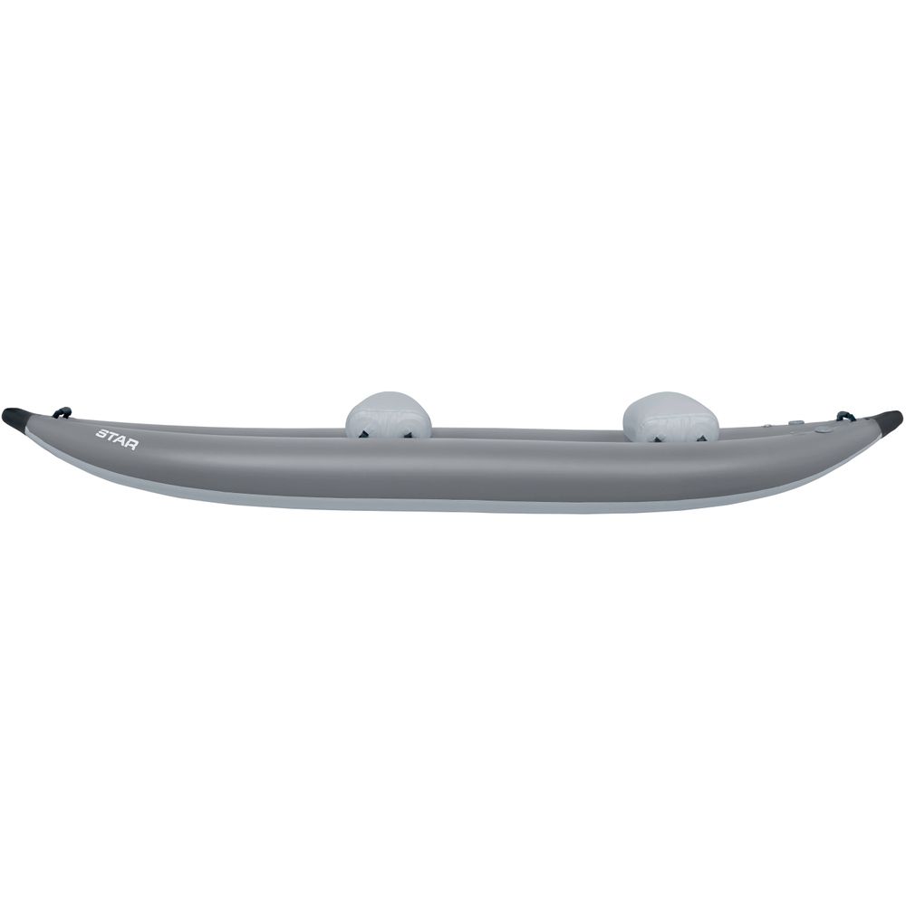 The NRS STAR Outlaw Tandem IK is a gray inflatable kayak with durable PVC, featuring two inflated seats and designed for outstanding whitewater performance, viewed from the side.