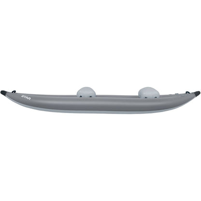 The NRS STAR Outlaw Tandem IK is a gray inflatable kayak with durable PVC, featuring two inflated seats and designed for outstanding whitewater performance, viewed from the side.