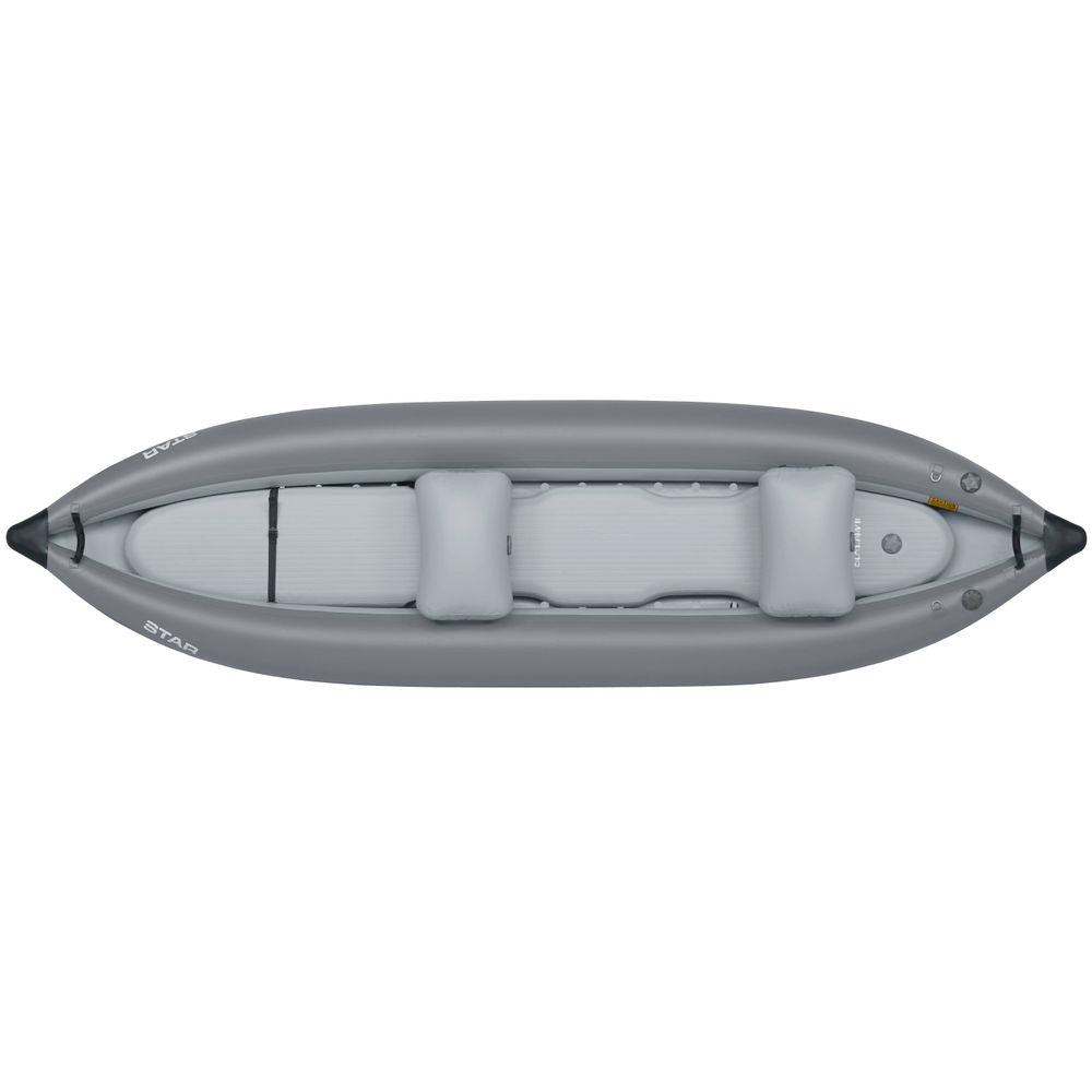 Top view of the NRS STAR Outlaw Tandem IK, a gray inflatable kayak with two seats made from durable PVC for superior whitewater performance.