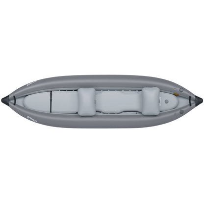 Top view of the NRS STAR Outlaw Tandem IK, a gray inflatable kayak with two seats made from durable PVC for superior whitewater performance.