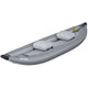 The STAR Outlaw Tandem IK by NRS is a gray inflatable kayak made from durable PVC, featuring two cushioned seats and designed for superior whitewater performance when viewed from the side angle.