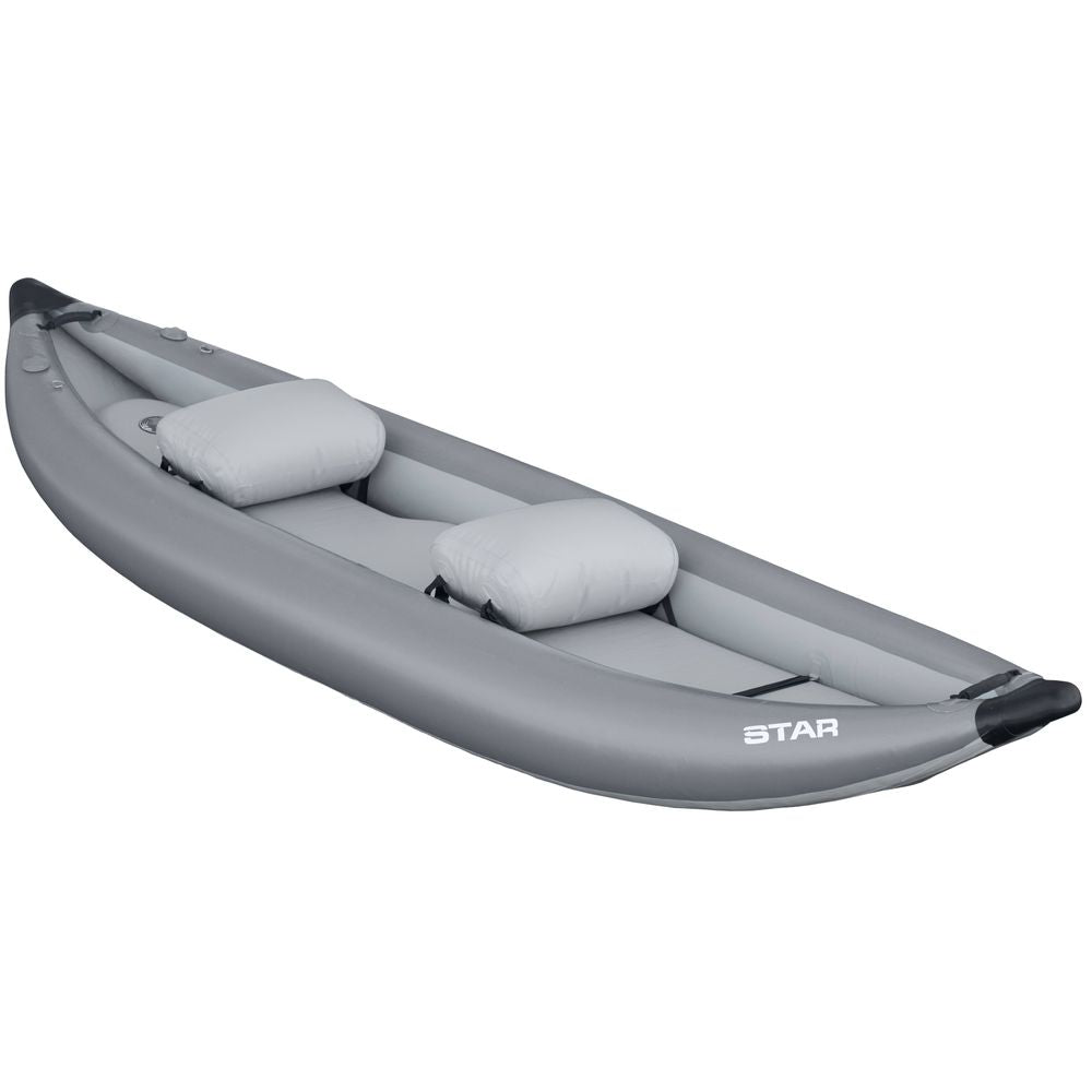 The STAR Outlaw Tandem IK by NRS is a gray inflatable kayak designed for whitewater, featuring two cushioned seats and durable PVC material. The logo is clearly visible on the side, all seen from a slight angle.
