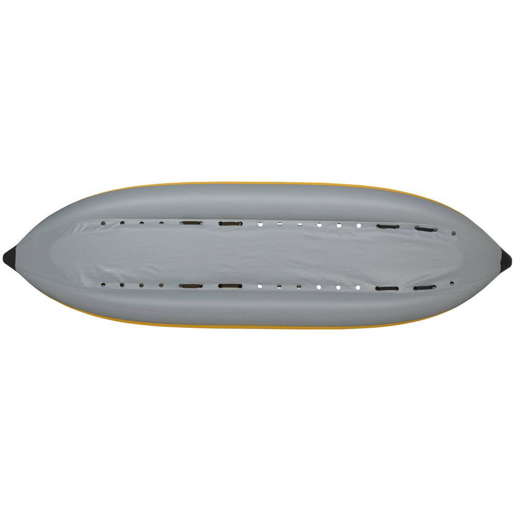 Top view of the NRS STAR Outlaw Tandem IK inflatable kayak made from durable PVC, featuring a closed bottom and striking yellow rim.
