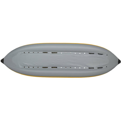 Top view of the NRS STAR Outlaw Tandem IK inflatable kayak made from durable PVC, featuring a closed bottom and striking yellow rim.
