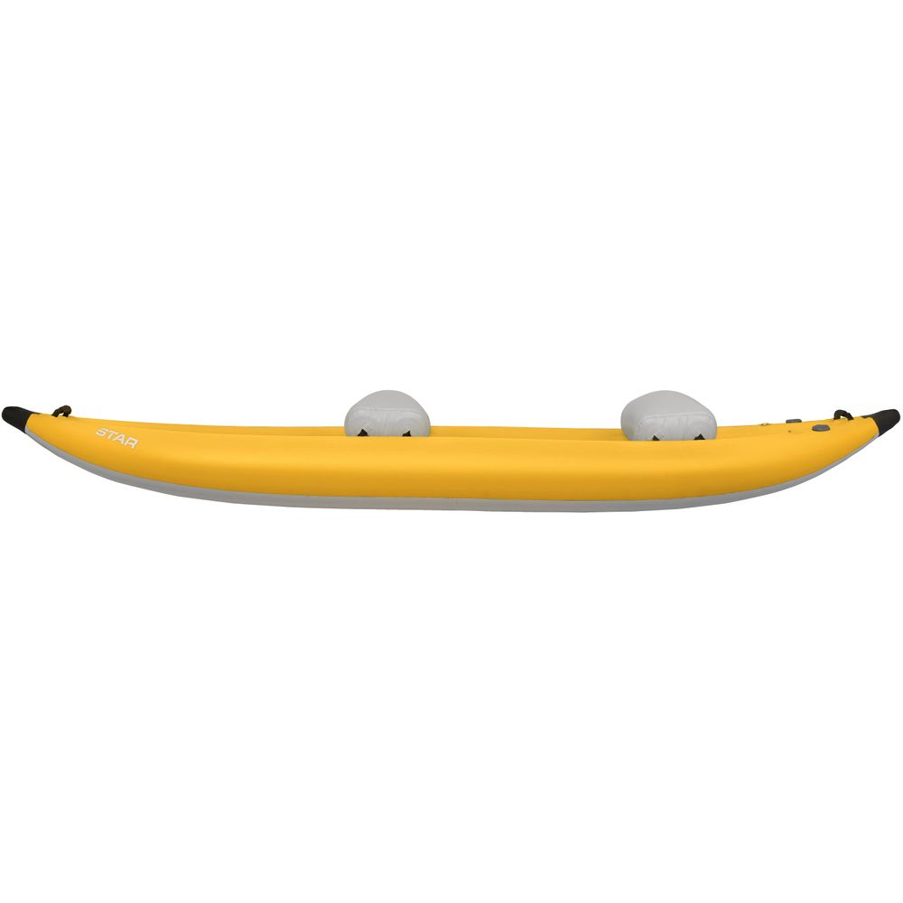 The yellow STAR Outlaw Tandem IK by NRS, featuring two gray seats and durable PVC construction, ensures excellent whitewater performance.