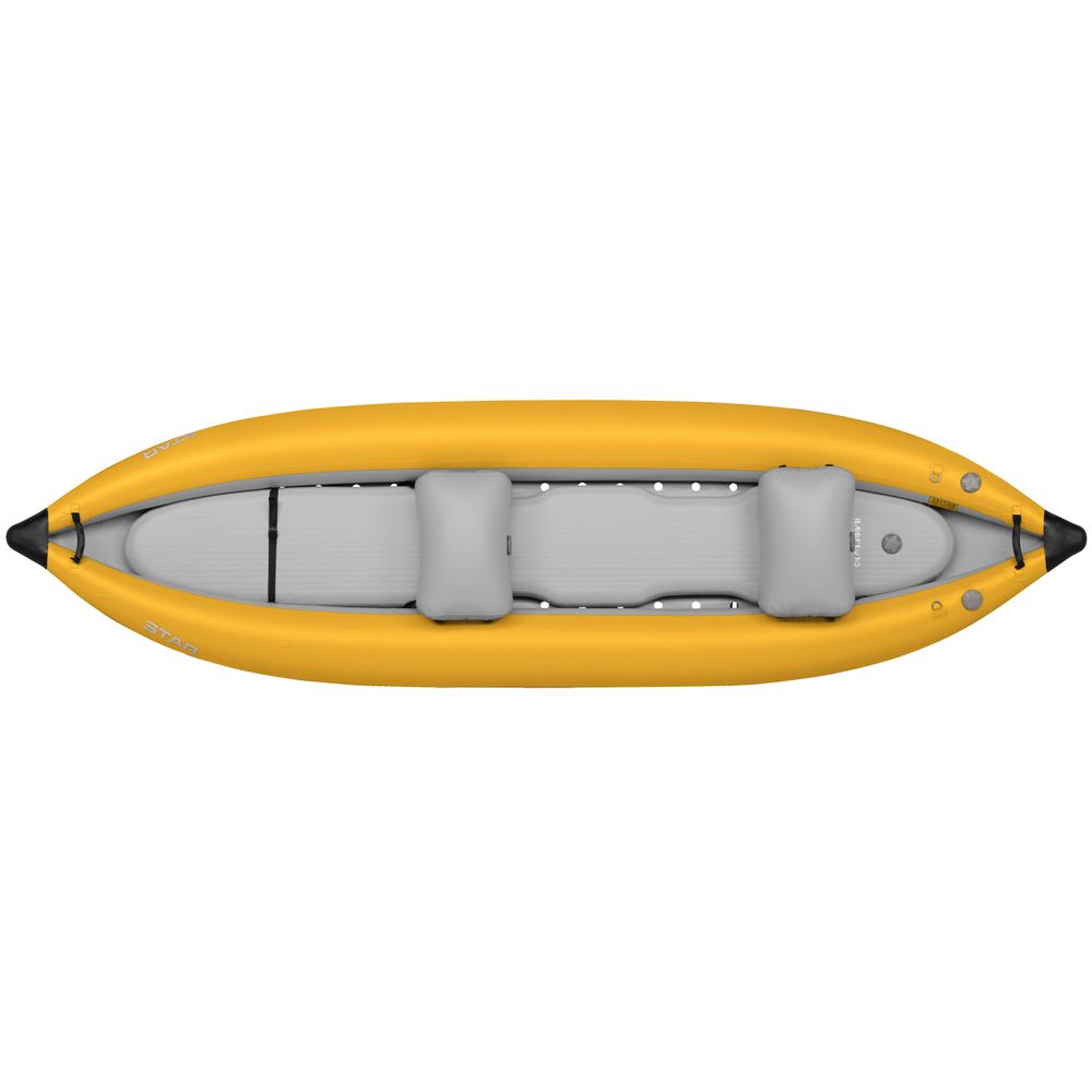 The STAR Outlaw Tandem IK by NRS is a durable PVC yellow inflatable kayak with two gray seats, designed for top whitewater performance and comfortably fits two people.