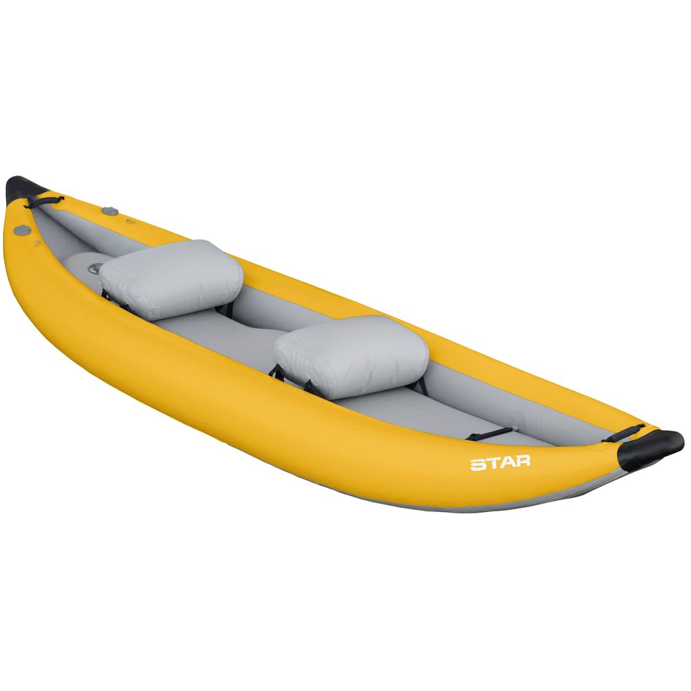 The NRS STAR Outlaw Tandem IK is a yellow inflatable kayak designed for two, featuring gray seats and black accents. Built from durable PVC, it's perfect for whitewater adventures and stands out beautifully against a white background.