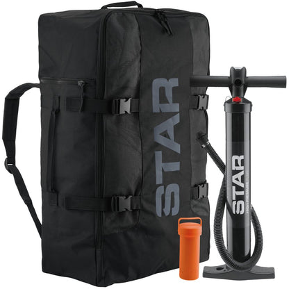Next to an orange water bottle, a black duffel labeled "STAR" and a sleek black hand pump, also marked "STAR," are perfect companions for storing your NRS STAR Raven 1 Solo IK inflatable kayak gear after a day on the water.