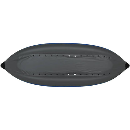 The top view of the NRS STAR Raven 1 Solo IK showcases a streamlined gray inflatable kayak with self-bailing features, multiple air vents along the center, and a sturdy drop-stitch floor for enhanced stability.