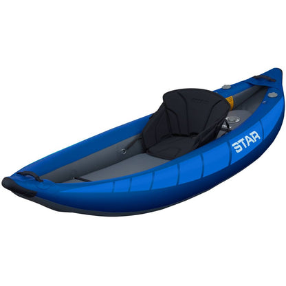 The STAR Raven 1 Solo IK by NRS is a blue inflatable kayak with a self-bailing design, drop-stitch floor, and raised backrest for comfort. Complete with paddles, it's perfect for your next water adventure.