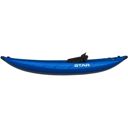 The NRS STAR Raven 1 Solo IK is a blue inflatable kayak with a single seat, viewed from the side and featuring a durable drop-stitch floor for enhanced rigidity.
