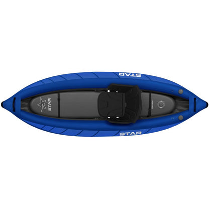 Top view of the NRS STAR Raven 1 Solo IK, a blue inflatable kayak featuring a single seat, drop-stitch floor, and footrest.