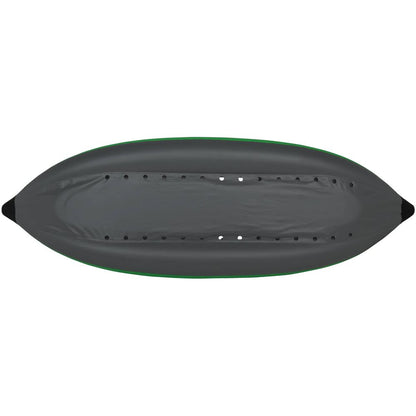 Top view of an empty gray STAR Raven 1 Solo IK inflatable kayak by NRS, showcasing a durable drop-stitch floor against a white background.