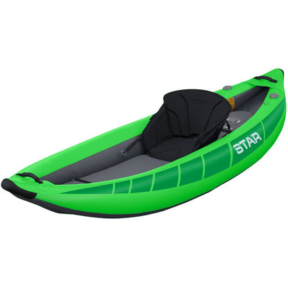 The STAR Raven 1 Solo IK is a bright green inflatable kayak by NRS, featuring a black adjustable seat, durable drop-stitch floor, and gray interior for stability and comfort on the water.