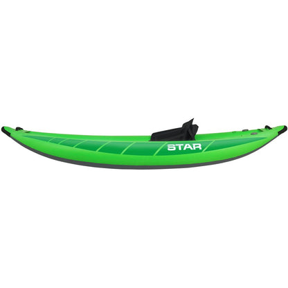 Side view of a STAR Raven 1 Solo IK by NRS, a green inflatable kayak with a black seat and self-bailing design, against a white background.