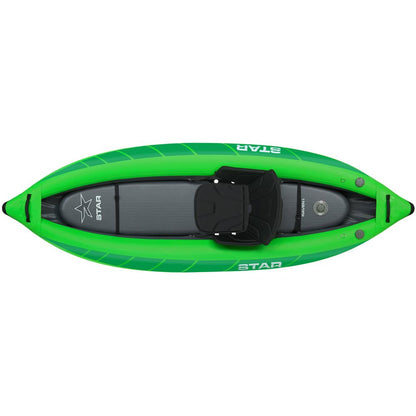 Top view of the NRS STAR Raven 1 Solo IK, a green and black inflatable kayak with a single seat and foot supports. It features an innovative drop-stitch floor for enhanced stability, offering a superior paddling experience.