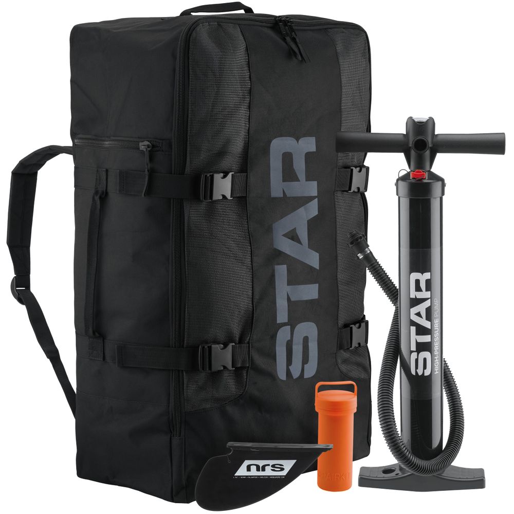 The NRS STAR Paragon Tandem IK travel backpack, ideal for carrying essentials like a hand pump, orange container, and black fin—all on a white background. Perfect for inflatable kayak adventures with drop-stitch floor and rigid keel.
