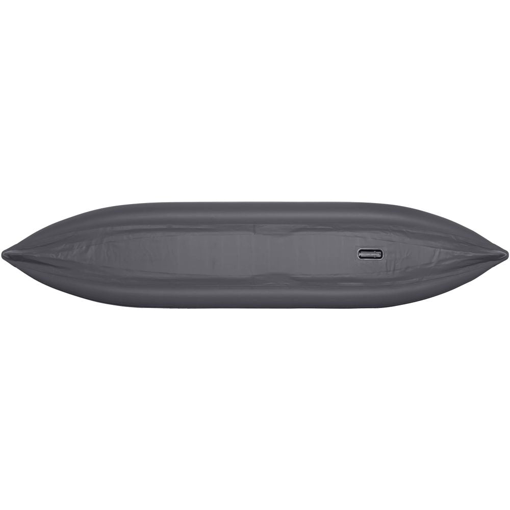 A side view of the gray STAR Paragon Tandem IK by NRS highlights its elongated shape and valve opening, similar to an inflatable kayak.