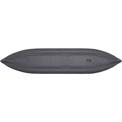 A side view of the gray STAR Paragon Tandem IK by NRS highlights its elongated shape and valve opening, similar to an inflatable kayak.