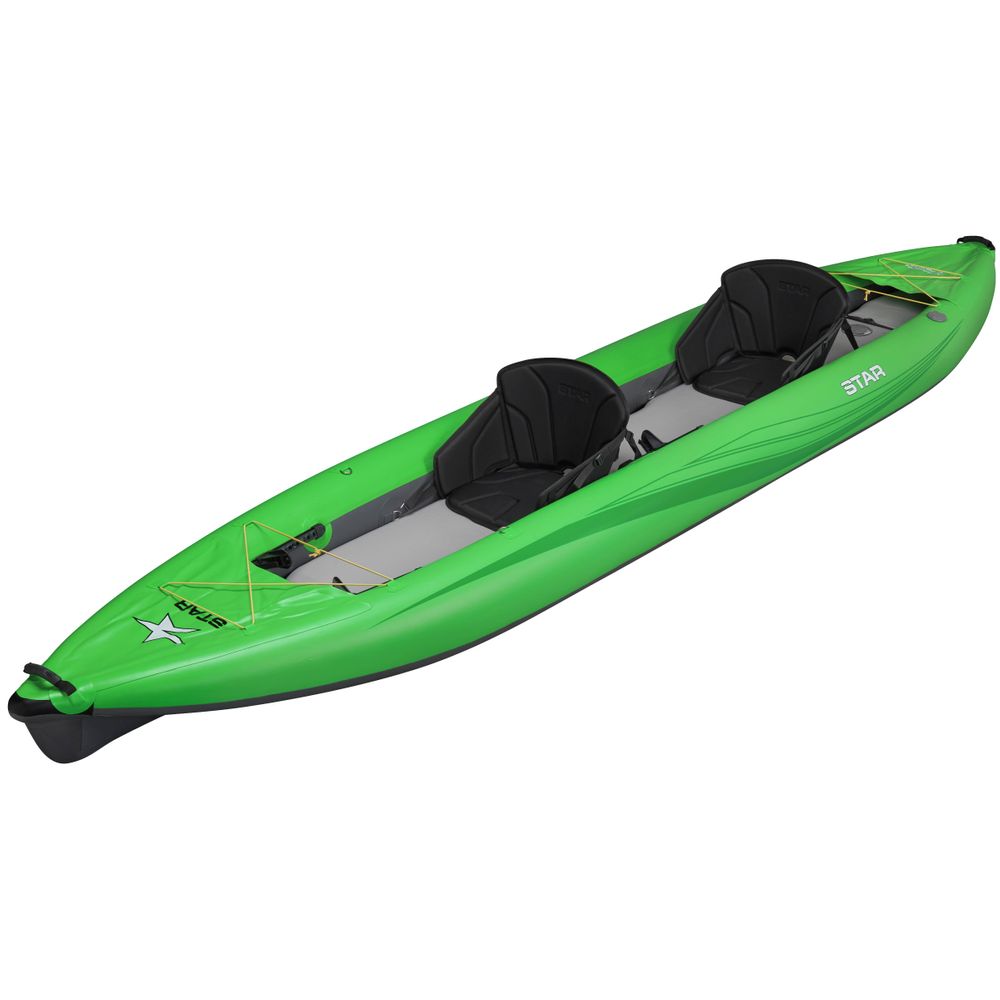 The NRS STAR Paragon Tandem IK is pictured from the side, featuring a green inflatable design with a drop-stitch floor and two black seats for enhanced stability and performance.