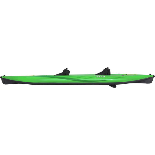 Side view of a green STAR Paragon Tandem IK with two seats, featuring a drop-stitch floor for added stability and showing the brand "NRS" on the side.