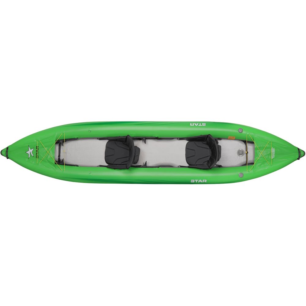 Top view of the NRS STAR Paragon Tandem IK, a green inflatable kayak with two seats and a drop-stitch floor.