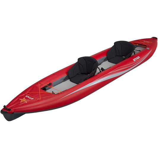 The NRS STAR Paragon Tandem IK is a red inflatable kayak with a drop-stitch floor and rigid keel, featuring two black seats, white and gray accents, and logos on the side.
