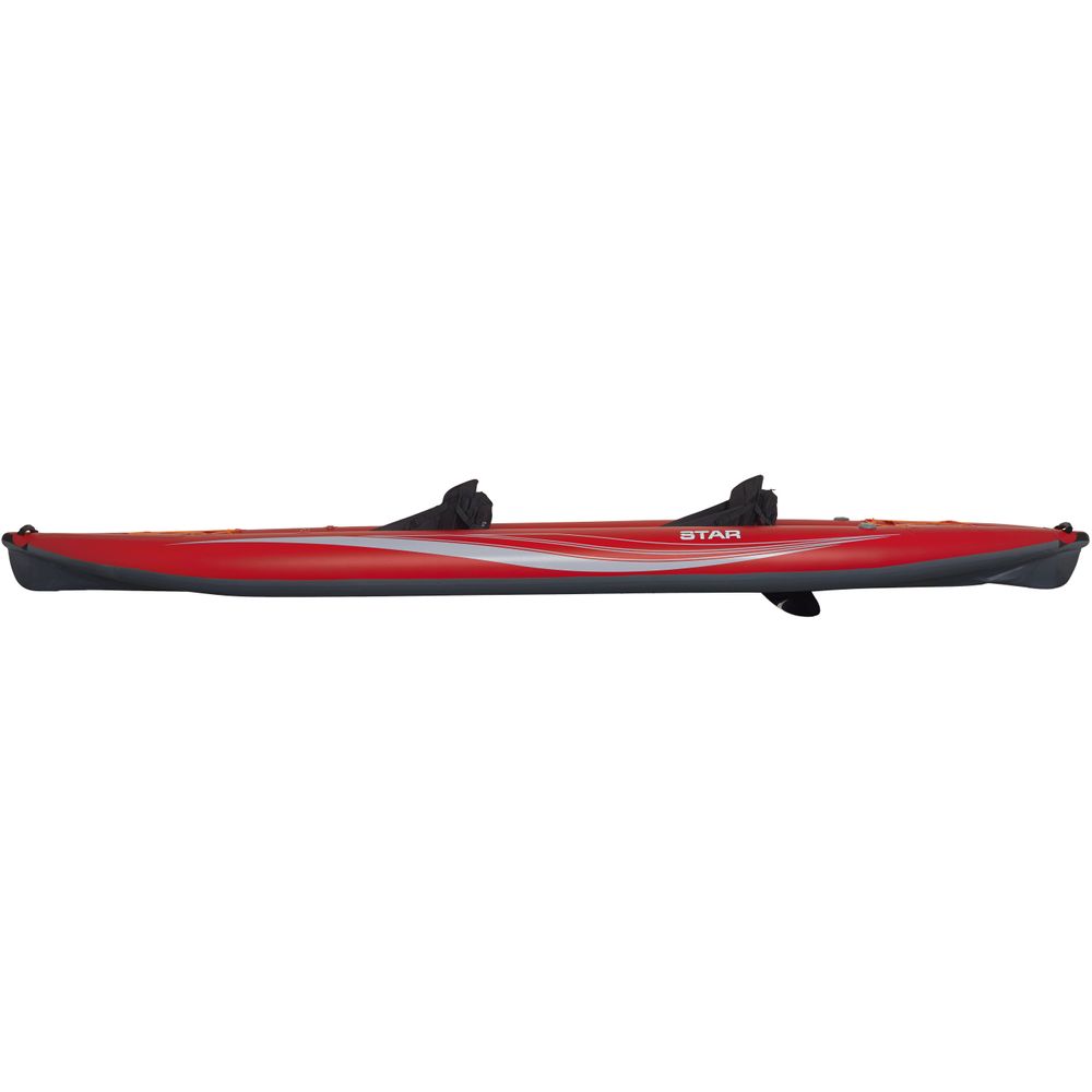 The NRS STAR Paragon Tandem IK, in red, showcases a sleek design with a drop-stitch floor, featuring a black fin and end handles, viewed in profile.