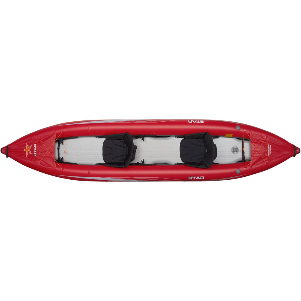 The NRS STAR Paragon Tandem IK is a red inflatable kayak with a durable drop-stitch floor and two black seats, pictured from above.