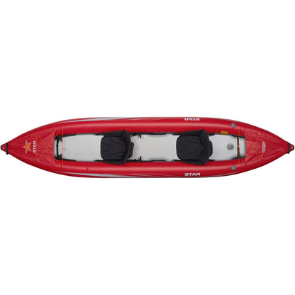 The NRS STAR Paragon Tandem IK is a red inflatable kayak with a durable drop-stitch floor and two black seats, pictured from above.
