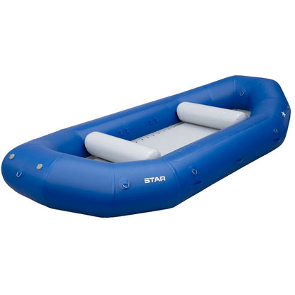 An angled view of the STAR Outlaw Rafts by NRS, a blue inflatable raft crafted from durable PVC, with rounded edges and two grey interior seats.