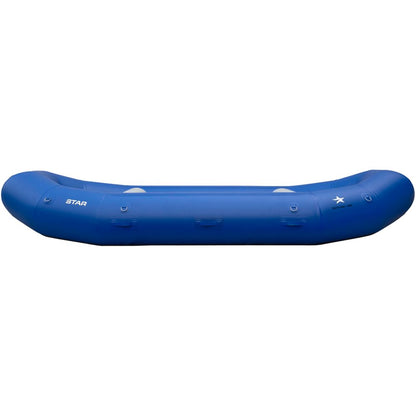 Blue inflatable canoe with reinforced sides and several attachment points, seen from the side, similar to an NRS STAR Outlaw Rafts design.
