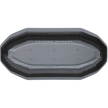 Top view of a gray, rectangular inflatable pool with black edges and small drain holes inside, evoking the affordability and practicality of NRS STAR Outlaw Rafts.