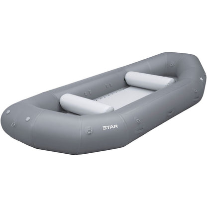 The NRS STAR Outlaw Rafts feature a gray inflatable design with a white interior and two seat cushions, all crafted from durable PVC for enhanced longevity.