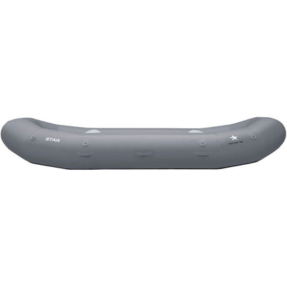The NRS STAR Outlaw Rafts are gray inflatable canoes with a sleek, streamlined design and multiple air chambers, ideal for enthusiasts seeking affordable reliability on the water.