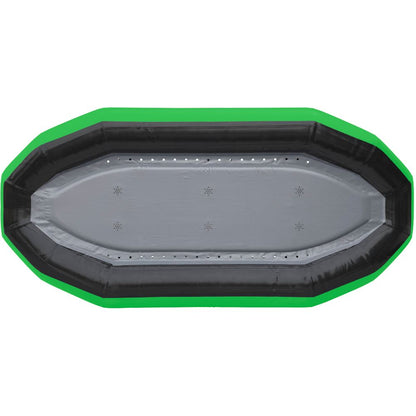 The NRS STAR Outlaw Rafts, an affordable gray inflatable boat with a green border, features an elongated, rounded rectangular shape and small valve holes; perfect as a self-bailing raft.