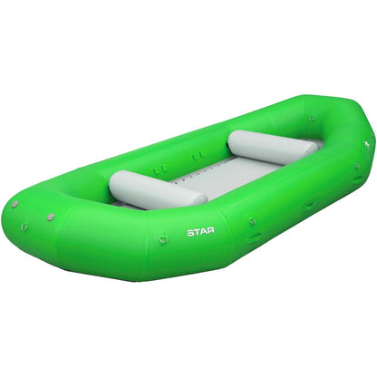 Affordable STAR Outlaw Raft by NRS featuring a green exterior, durable PVC gray interior, and two robust gray seats, viewed from above.