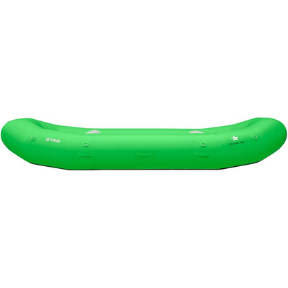 The NRS STAR Outlaw Rafts is a bright green inflatable kayak made from durable PVC, featuring a streamlined design and multiple side attachment points.