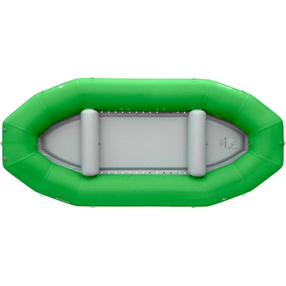 The NRS STAR Outlaw Raft is a budget-friendly green inflatable raft featuring a grey interior and two comfortable seats, seen from above.