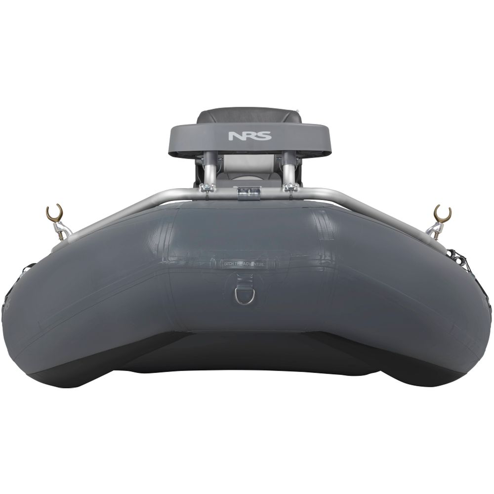 Front view of the gray NRS Slipstream Fishing Raft featuring a raised seat and metal hooks, highlighting its whitewater-engineered durability for improved shallow water performance.