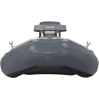 Front view of the gray NRS Slipstream Fishing Raft featuring a raised seat and metal hooks, highlighting its whitewater-engineered durability for improved shallow water performance.