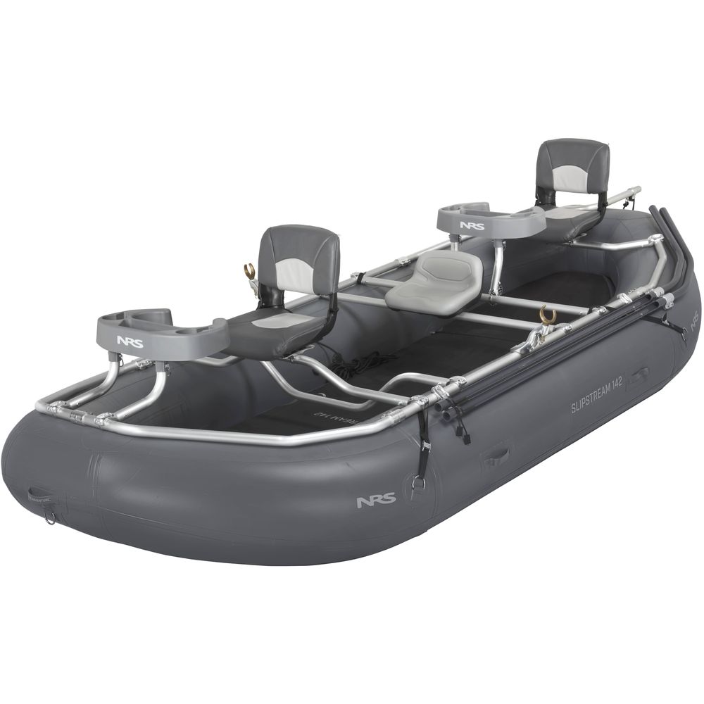 The NRS Slipstream Fishing Raft is a durable gray inflatable raft with three mounted seats, an aluminum frame, and fishing rod holders. Engineered for whitewater durability, it offers exceptional shallow water performance for river navigation.