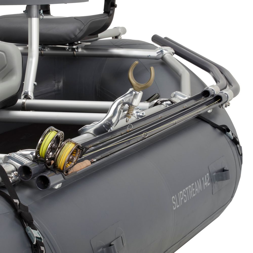 Close-up of an NRS Slipstream Fishing Raft in gray, designed for whitewater durability, with fishing rods and reels secured on the side. Ideal for shallow water performance, the raft proudly displays "Slipstream 142.