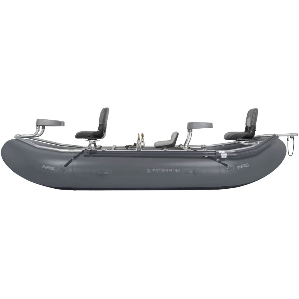 Experience the NRS Slipstream Fishing Raft, an inflatable boat with three seats and a sleek gray finish. Designed for whitewater durability, it offers outstanding performance in shallow waters.