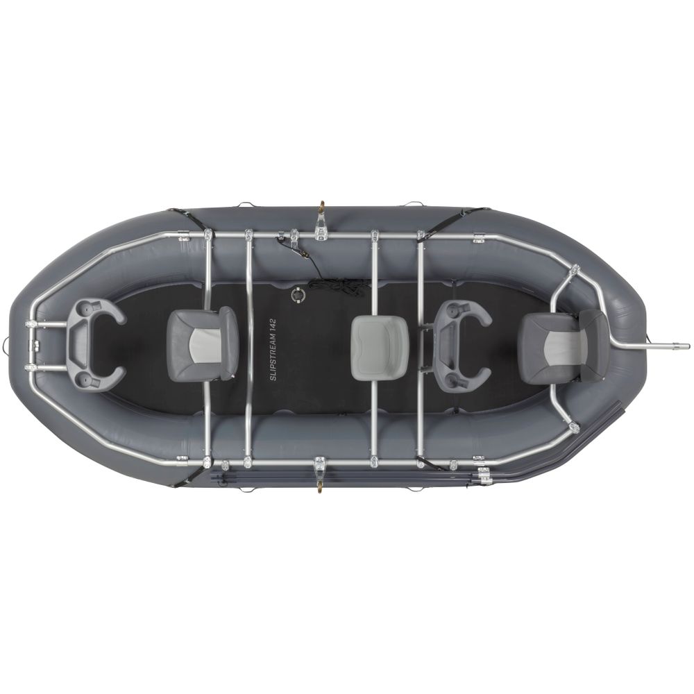 Top view of the gray and black NRS Slipstream Fishing Raft, expertly crafted for whitewater durability, featuring three seats, a metal frame, and two oar locks for exceptional shallow water performance.