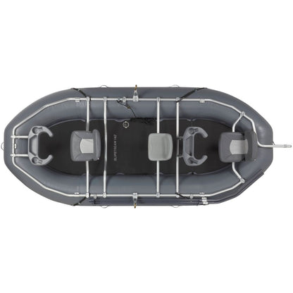 Top view of the gray and black NRS Slipstream Fishing Raft, expertly crafted for whitewater durability, featuring three seats, a metal frame, and two oar locks for exceptional shallow water performance.