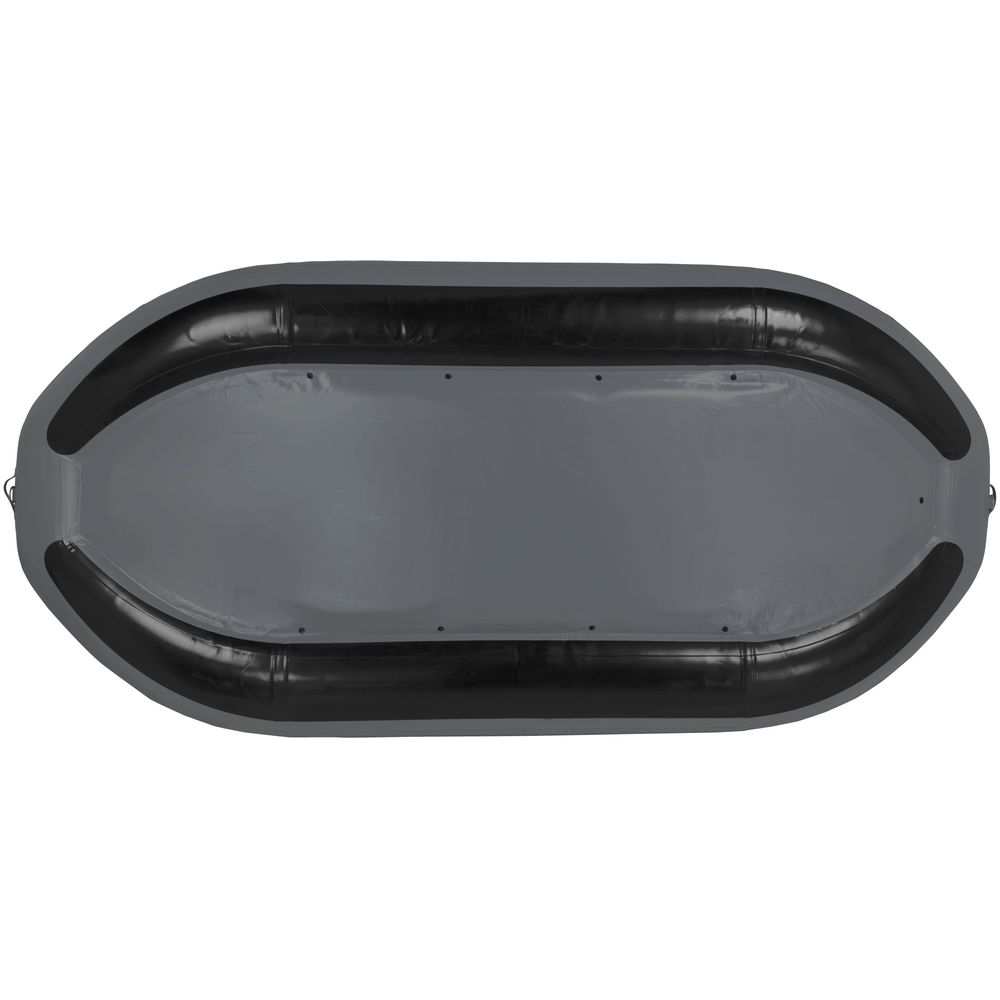 Top view of the NRS Slipstream Fishing Raft, an inflatable raft with a grey center and black sides. Its streamlined oval shape delivers excellent shallow water performance and whitewater-engineered durability.
