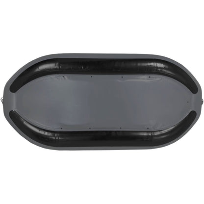 Top view of the NRS Slipstream Fishing Raft, an inflatable raft with a grey center and black sides. Its streamlined oval shape delivers excellent shallow water performance and whitewater-engineered durability.