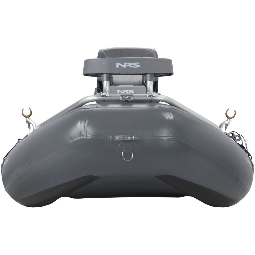 Front view of the grey NRS Slipstream Fishing Raft showcasing a durable frame and attachment points. Built for whitewater durability, this raft excels in water activities and offers impressive shallow water performance.