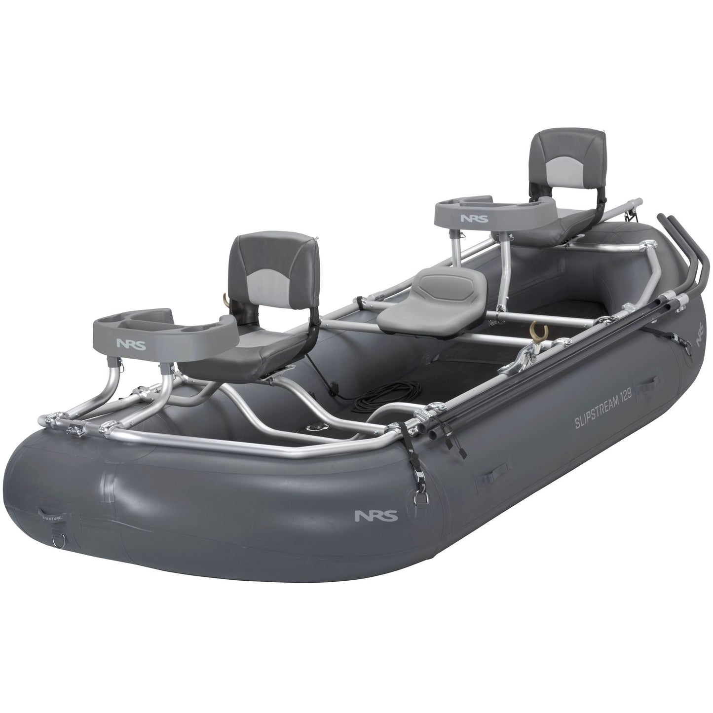 A durable gray Slipstream Fishing Raft by NRS with two seats.